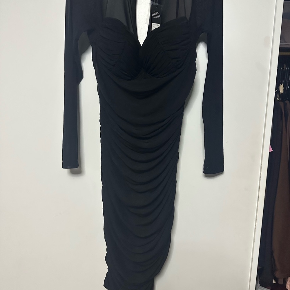 Fashion Nova Black Ruched Bodycon Dress Plunge Neckline